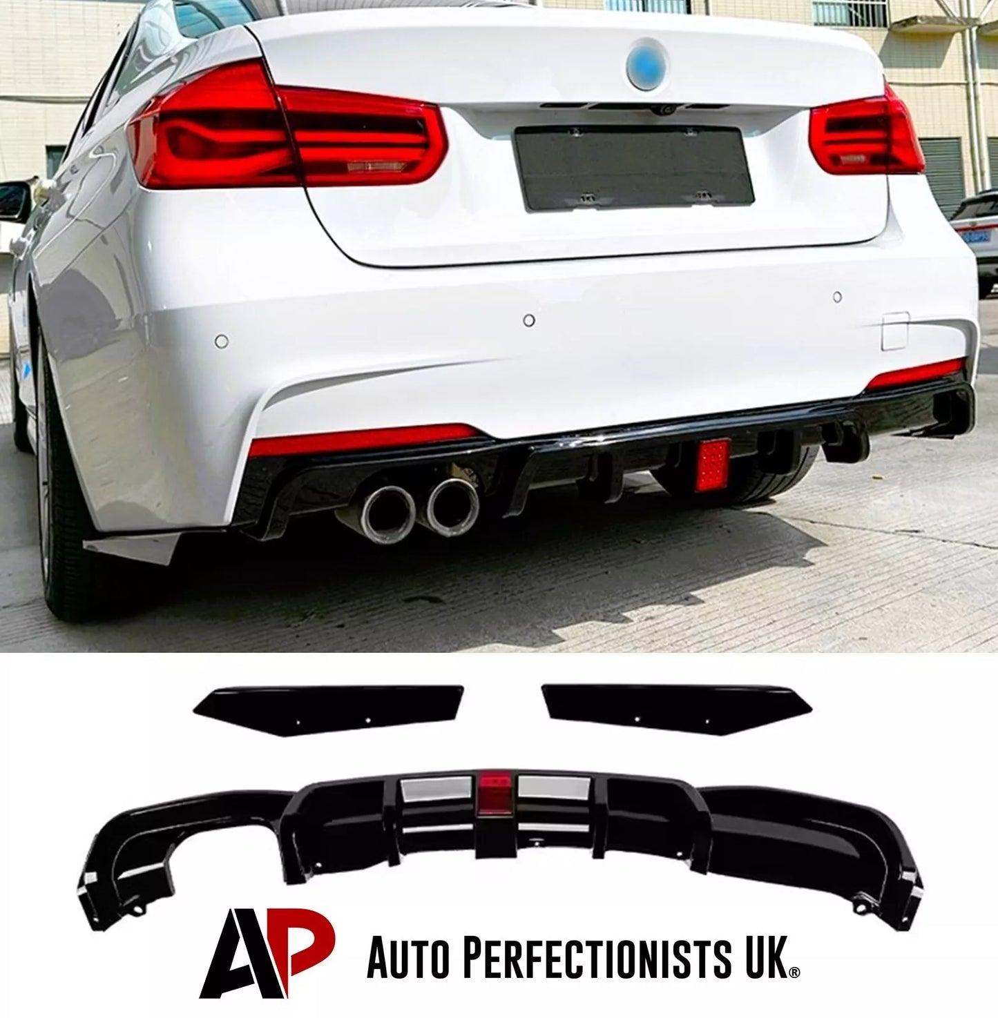 BMW 3 Series F30 F31 Rear Valance Diffuser Twin W/LED ABS Gloss Black