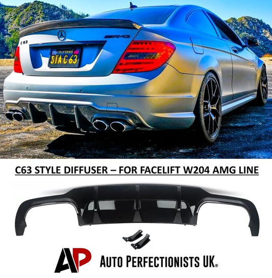 Mercedes C Class C63 AMG Rear Diffuser Valance 2011-15 ABS Gloss Black