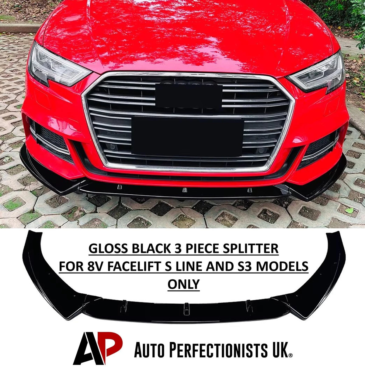 Audi A3 S3 S Line 8V Gloss Black Front Splitter 2017-20
