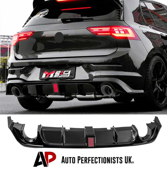 VW Golf MK8 GTI GTD GTE Rear Gloss Black Valance Diffuser Lip Spoiler Kit W/LED