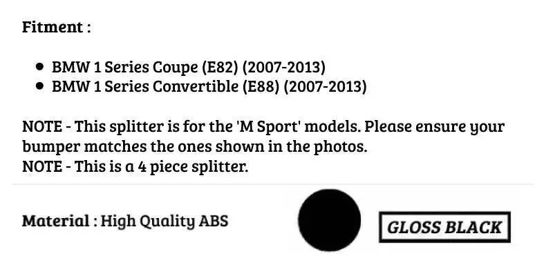 BMW 1 Series E82 E88 Front Splitter 2007-2013 Abs Gloss Black