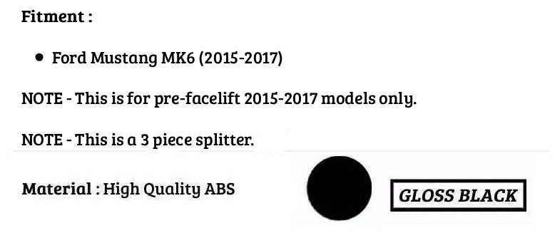 For Ford Mustang MK6 Gloss Black Front Splitter Body Kit Wing 2015-2017