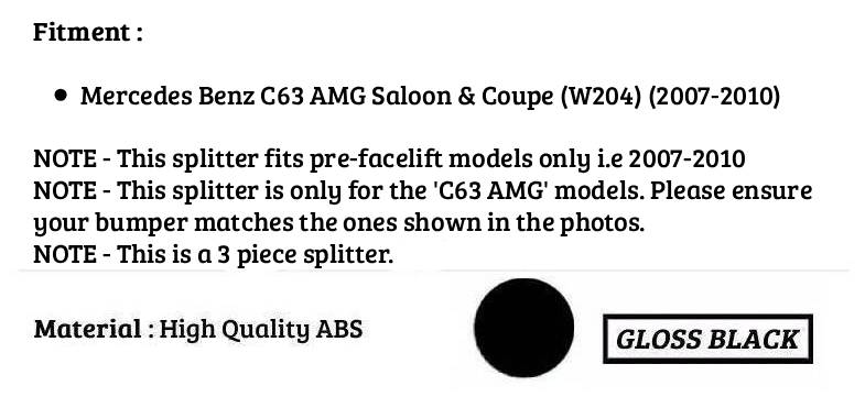 For Mercedes C63 AMG W204 Prefacelift Gloss Black Front Splitter 2007-10