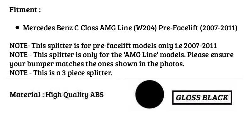 For Mercedes C Class W204 AMG Line Gloss Black Front Splitter Spoiler Lip 2007-2010