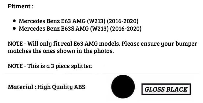 For Mercedes E63 AMG W213 Prefacelift Gloss Black Front Splitter 2016-20