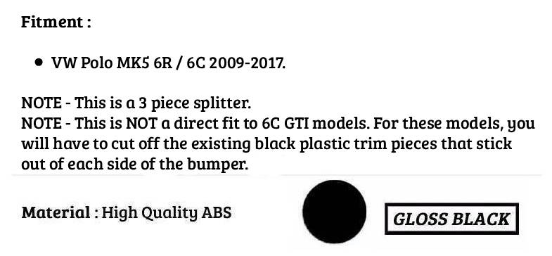 For VW Volkswagen Polo MK5 Front Splitter Lip 2009-2017 Gloss Black