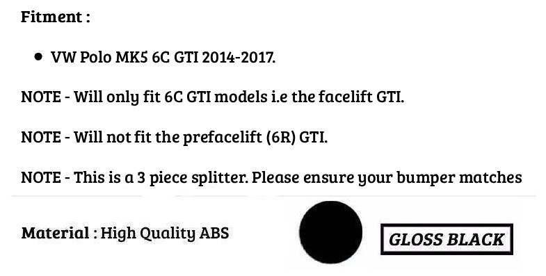 For VW Polo MK5 6C GTI Gloss Black Front Splitter Body Kit 2015-2018